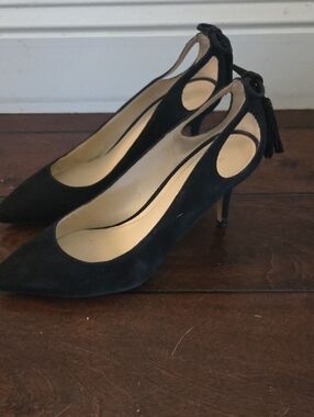 Marc Fisher Black Suede Pointed Pumps with Ankle Tassel